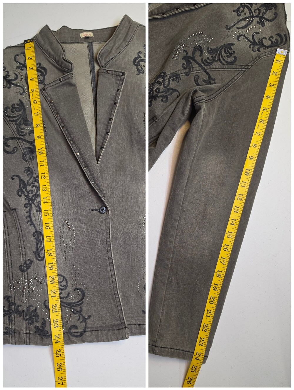 Reba Autumn Edge Embroidered Studded Gray Black Wash Stretch Denim Jean Jacket - Picture 10 of 11